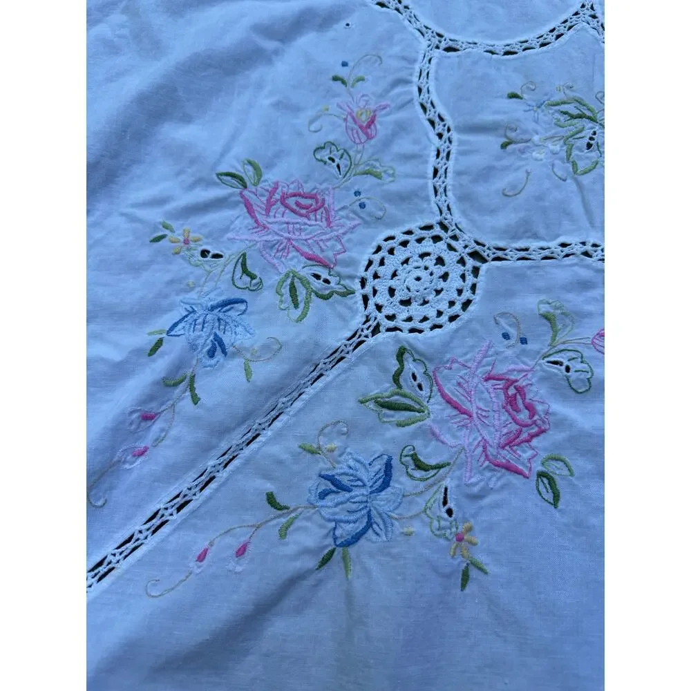 Vintage Hand Embroidered Tablecloth White floral pink blue beautiful cut out
